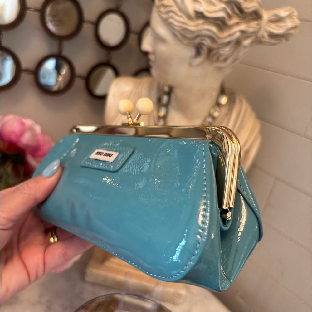NIB Miu Miu Parfum Tiffany Blue Patent Leather Pouchette Clutch GWP w Strap - Picture 9 of 16